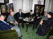 From left to right: Mr. Thomas Zephyres, Captain Panagijotis Tsakos, HRH Crown Prince Alexander II, His Holiness Serbian Patriarch Pavle, member of The Crown Council arh Dragormi Acovic and Fr. Irinej  during the conversation at the Patriarchal Residence  in Belgrade