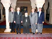From left to right: Member of The Crown Council arh Dragormi Acovic,  HRH Crown Prince Alexander II, His Holiness Serbian Patriarch Pavle, Mr. Thomas Zephyres and Captain Panagijotis Tsakos at the Patriarchal Residence  in Belgrade